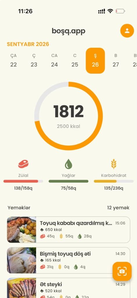 bosq tətbiqinin interfeysi — Süni intellektli kalori və makro izləyicisi